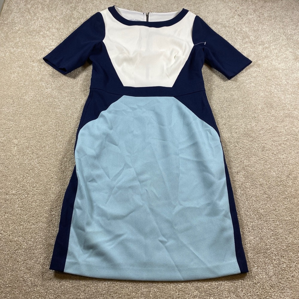 London Times Sheath Dress Womens 8 Blue Colorblock Short Sleeve Boat Neck Zipper